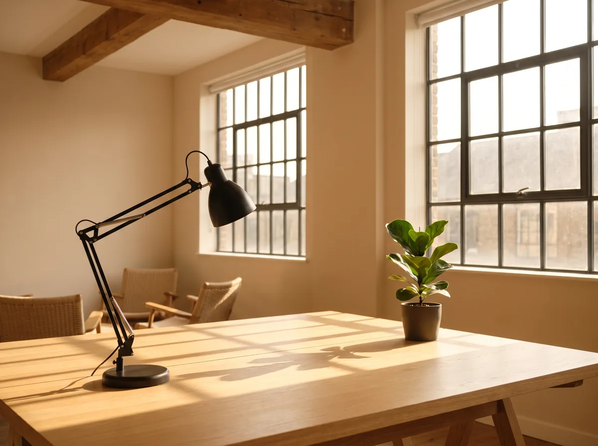 A calm modern office with afternoon sunlight streaming through industrial loft windows, casting warm geometric shadows on a wooden desk.