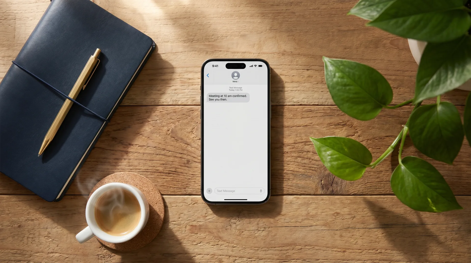 A modern wooden workspace with an iPhone showing a customer text-message thread, a navy notebook, an espresso cup, and a small plant — symbolizing how RepDesk handles every contractor conversation.